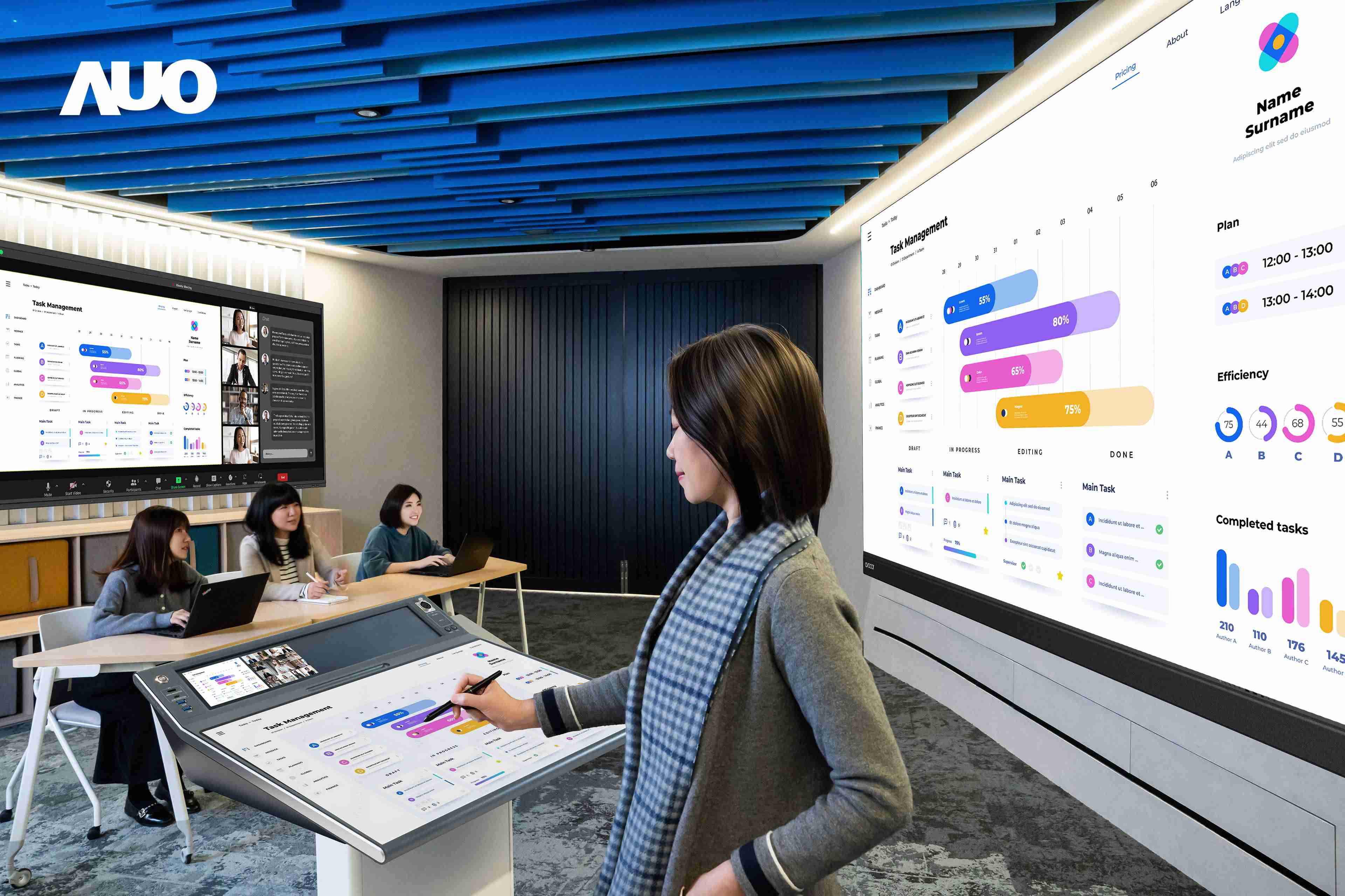 达擎携手Avocor与Rise Vision展示全方位商务领域应用，，，，包含采用模块化设计的138吋一体式All-in-One LED显示器及具21:9超宽比例的92吋交互式电子白板（IFPD），，讲者可轻松分享内容，，，，有效提升会议协作效率。。